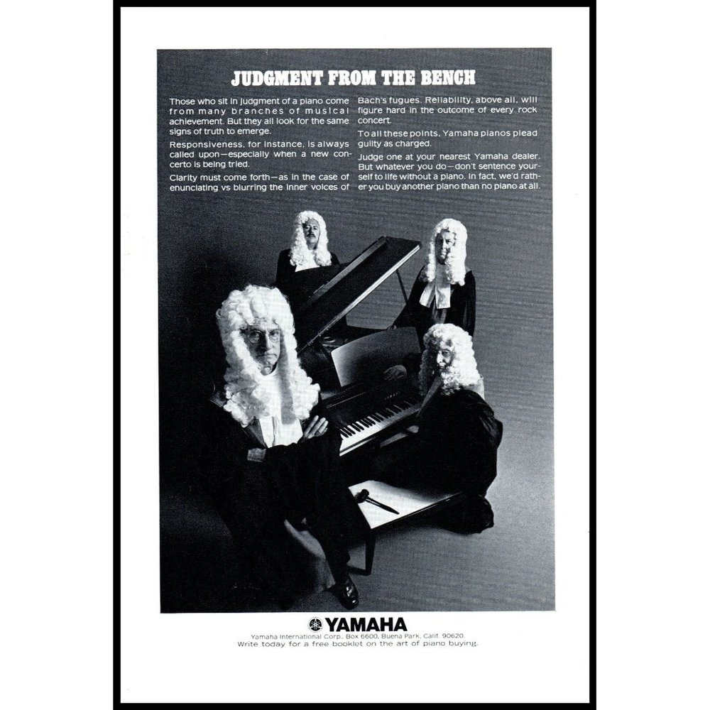 1974 Yamaha Piano Vintage Print Ad Supreme Court Wig Wigs Music Wall Art Decor